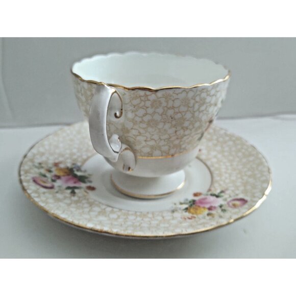 CAULDON tea cup and saucer floral painted rose chintz teacup England 1940s - Picture 12 of 14